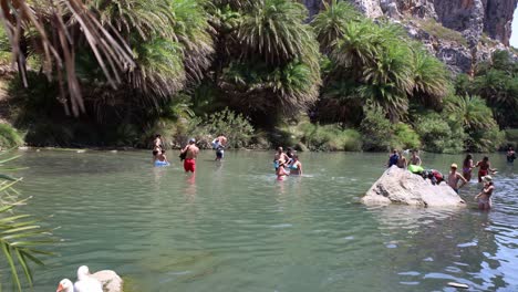 Schwimmer-Genießen-Seichtes-Wasser-Im-Palmenwald-Von-Preveli---Kreta,-Griechenland