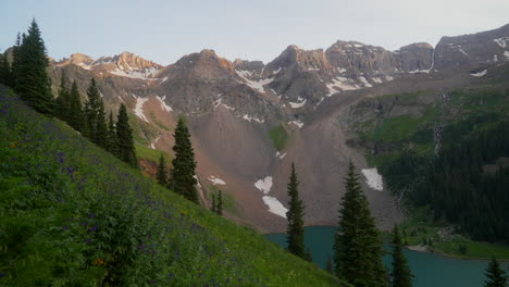 Mount-Sniffels-Peaks-Wildnis-Oberer-Blauer-See-Lila-Wildblumen-Colorado-Sommerschneeschmelze-Gipfel-Des-Rocky-Mountain-Atemberaubendes-Licht-Goldene-Stunde-Sonnenuntergang-Silverton-Telluride-14er-Filmischer-Schwenk-Nach-Rechts