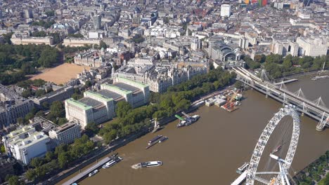 Aerial-View-from-the-Ministry-of-Defence,-Thames-River,-Waterloo-Bridge-to-Blackfriars-Bridge-and-the-South-Bank-at-South-Bank-Central,-London,-UK