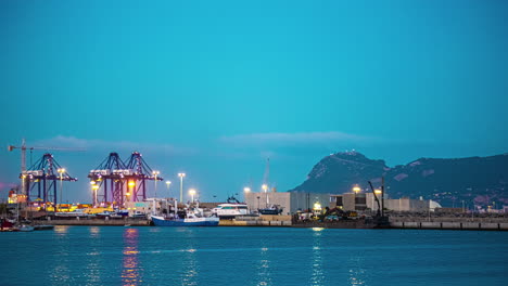 Shipping-terminal-at-Algeciras,-Spain---twilight-timelapse