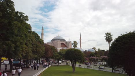 Daytime-cinematic-slow-mo-aerial-shot-from-high-above-Istanbul's-Sultanahmet-Park,-focusing-on-Hagia-Sophia