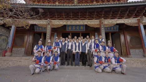 Bai-Ethnic-Minority-Group-Performing-Music-at-Chinese-Temple-in-Yunnan,-China