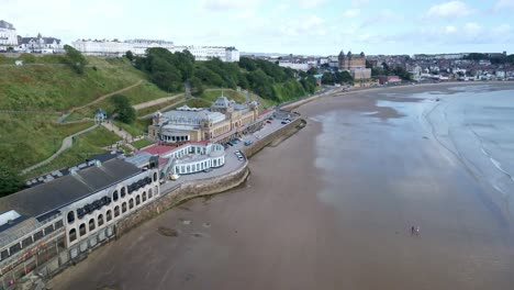 Aerial-view-of-Scarborough's-Spa,-Cliff-paths-and-beach