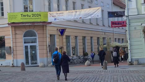 Tartu-2024-Europe-Culture-capital,-people-are-walking-on-main-street-in-down-town