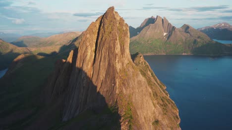 Scenic-Landscape-Of-Segla-Mountain-In-Norway---aerial-drone-shot