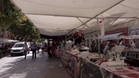 Spanischer-Lebensmittelmarkt-In-Der-Stadt-Alcudia,-Auf-Dem-Serrano-Schinken-Und-Iberischer-Schinken-Sowie-Fleischspezialitäten-Und-Milchprodukte-Verkauft-Werden