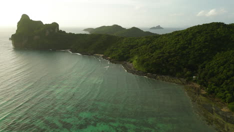 Aerial-panoramic-view-of-tropical-landscape-at-sunset