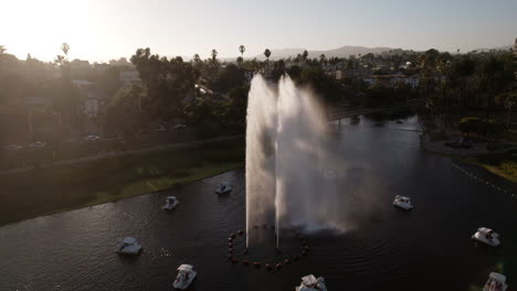 An-Aerial-Shot-of-Cinematic-Light-Rays-Pushing-through-Echo-Park-Fountain