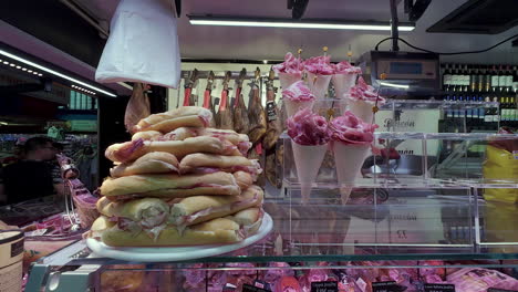 Close-Up-of-Sandwiches-at-a-Market-Meat-Stand