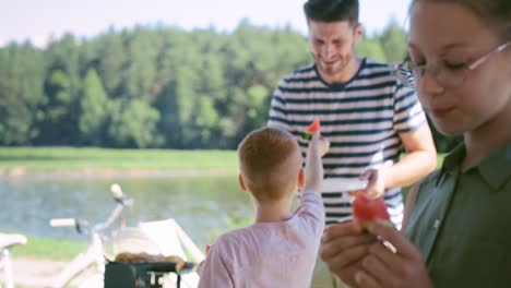 Video-Einer-Familie,-Die-Bei-Einem-Picknick-Wassermelone-Grillt-Und-Isst