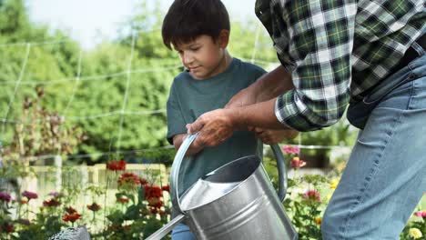 Video-of-grandfather-with-grandson-watering-vegetables-in-the-garden