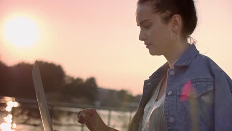 Mujer-Joven-Usando-Una-Computadora-Portátil-Al-Aire-Libre