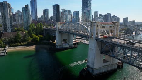 Aerial-Ascend-On-Burrard-Street-Bridge-And-Downtown-Vancouver-City-In-British-Columbia,-Canada