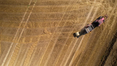 Tractor-Producing-Hay-Bale-In-A-Wheat-Field---aerial-top-down