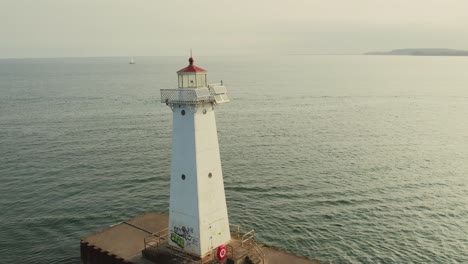Drone-shot-rotate-around-of-the-small-light-house-at-Sodus-point-New-York-vacation-spot-at-the-tip-of-land-on-the-banks-of-Lake-Ontario