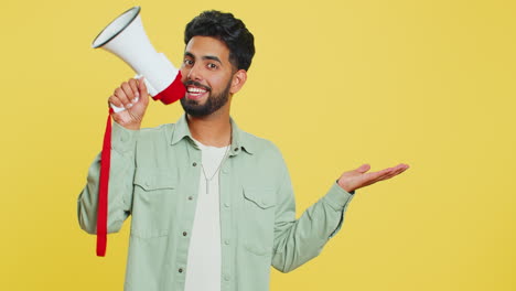 Indian-man-talking-with-megaphone,-proclaiming-news,-loudly-announcing-advertisement-discounts-sale