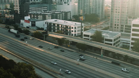 Fast-moving-morning-traffic-on-the-Katy-Freeway-near-downtown-Houston,-Texas