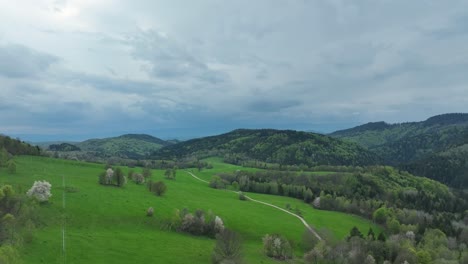 Discover-the-beauty-of-spring:-A-drone-glides-low-over-blossoming-orchards,-meadows,-and-an-abandoned-barn,-all-under-dramatic-clouds,-while-an-unpaved-road-winds-through-the-landscape