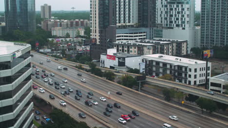 Slow-afternoon-traffic-overlooking-the-Katy-Freeway,-near-downtown-Houston,-Texas