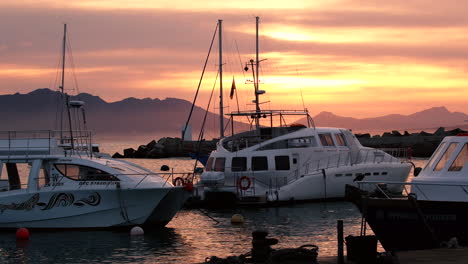 Whale-watching-vessels-in-Hermanus-New-Harbour-moored,-epic-golden-sunrise-sky