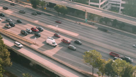 Slow-morning-traffic-on-the-Katy-freeway-near-downtown-Houston,-Texas