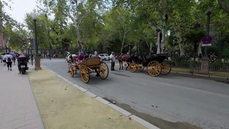 Gente-Caminando-Y-Algunos-Haciendo-Paseos-En-Carro-De-Caballos-En-Un-Parque-Con-árboles-Verdes