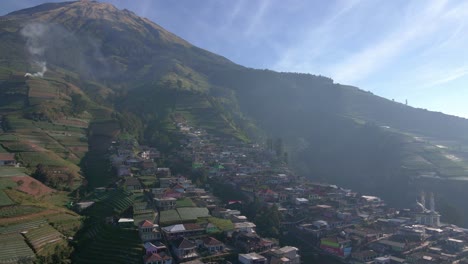 Magical-mountain-village-in-Indonesia,-aerial-drone-view