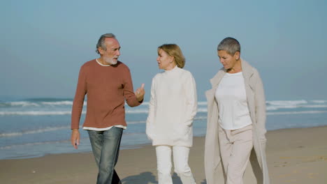 Peaceful-senior-friends-walking-along-ocean-cost-and-talking