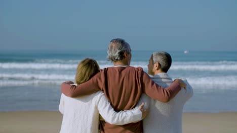 Senior-friends-hugging-and-admiring-seascape-together