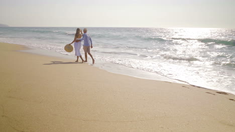 Back-view-of-couple-walking-together-on-beach