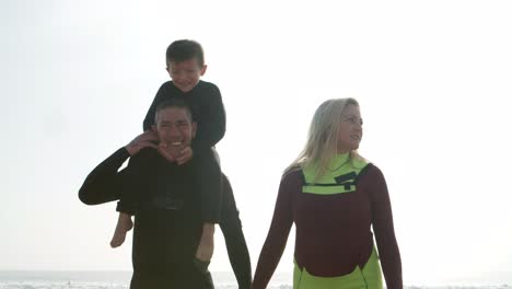 Happy-family-in-wetsuits-walking-on-beach