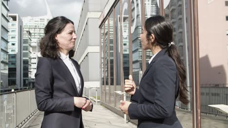 Businesswomen-shaking-hands-and-talking-on-street