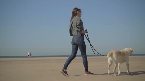 Slow-motion-shot-of-woman-walking-with-dog-on-sandy-shore