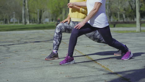 Two-female-legs-making-high-lunge-exercise,-changing-legs