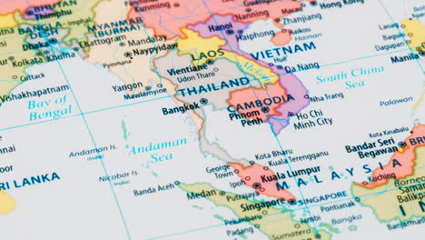 Close-up-of-the-country-word-Thailand-on-a-world-map-with-the-detailed-name-of-the-capital-city