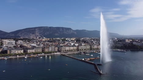 Lake-Geneva-with-Water-Fountain-and-Swimming-Area,-Aerial-Pullback