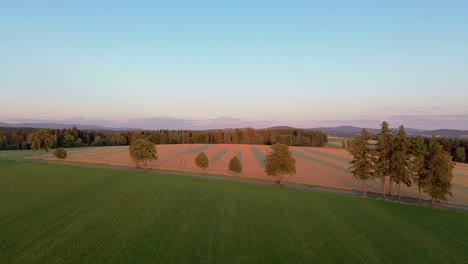 Drone-view-timelapse-in-which-the-camera-rises-above-the-field-during-sunset