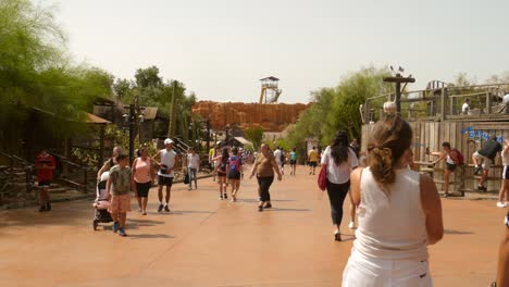 Crowded-People-At-The-Far-West-Area-In-Port-Aventura-Theme-Park-Near-Salou-In-Costa-Dorada,-Catalonia-Spain