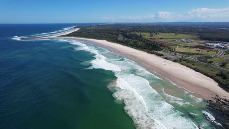 Aerial-View-Over-Sharpes-Beach-In-New-South-Wales,-Australia-At-Daytime---drone-shot