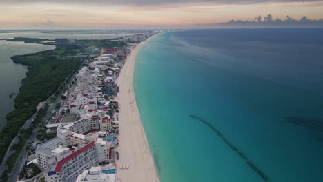 Aerial-sunset-of-Cancun-Hotel-zone-in-riviera-Maya-Yucatan-peninsula-Mexico-drone