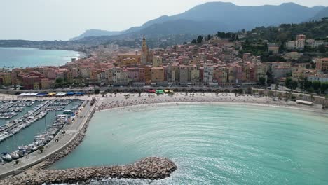 High-angle-drone,aerial--Menton-town-on-French-Riviera