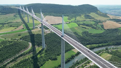 The-Millau-Viaduct,-cable-stayed-bridge-France-drone,aerial-high-angle
