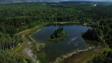 Revealing-drone-shot-of-small-reflectibe-lake-surrounded-by-endless-woods