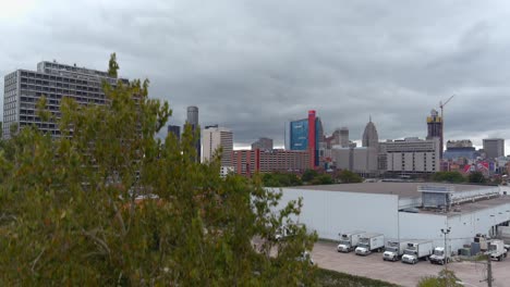 Crane-shot-revealing-downtown-Detroit