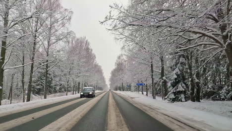 Driving-on-a-snow-covered-highway,-surrounded-by-trees,-feels-like-entering-a-different-realm