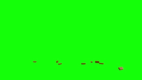Falling-bricks,-pieces-of-bricks-exploding-in-center-of-the-screen,-falling-and-scattering-on-imaginary-flat-surface,-green-screen-background,-animation-overlay-for-chroma-key-blending-option