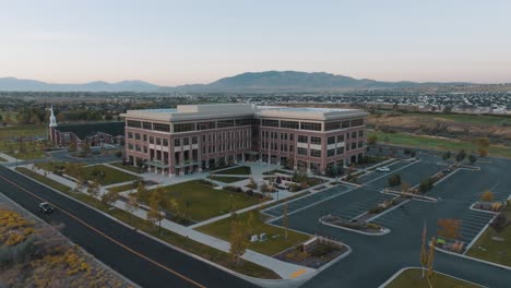 FamilySearch-center-building-in-Lehi,-Utah---aerial-flyover