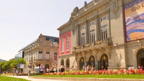 Theatro-Circo-in-Braga,-Portugal,-low-angle-establishing-shot-of-the-entrance