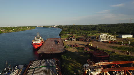 A-tanker-ship-under-repair-near-a-river-shipyard