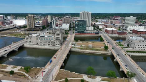 Aerial-truck-shot-of-downtown-Cedar-Rapids-skyline